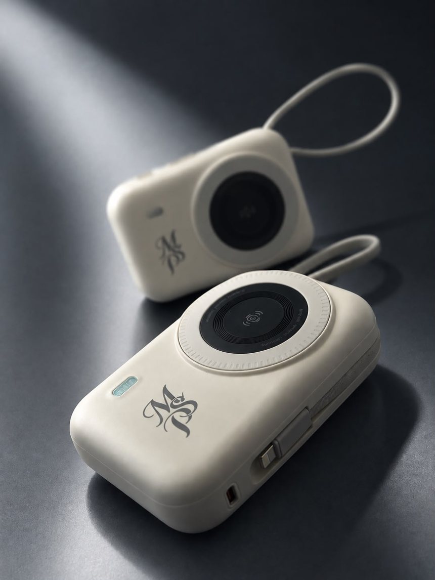 Dos Power Bank de color marfil con carga inalámbrica magnética